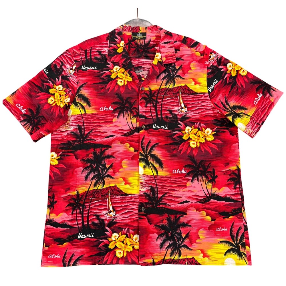 Royal Creations Mens XXL Hawaiian Shirt Red Sunset Palm Tree Aloha Made in Hawai